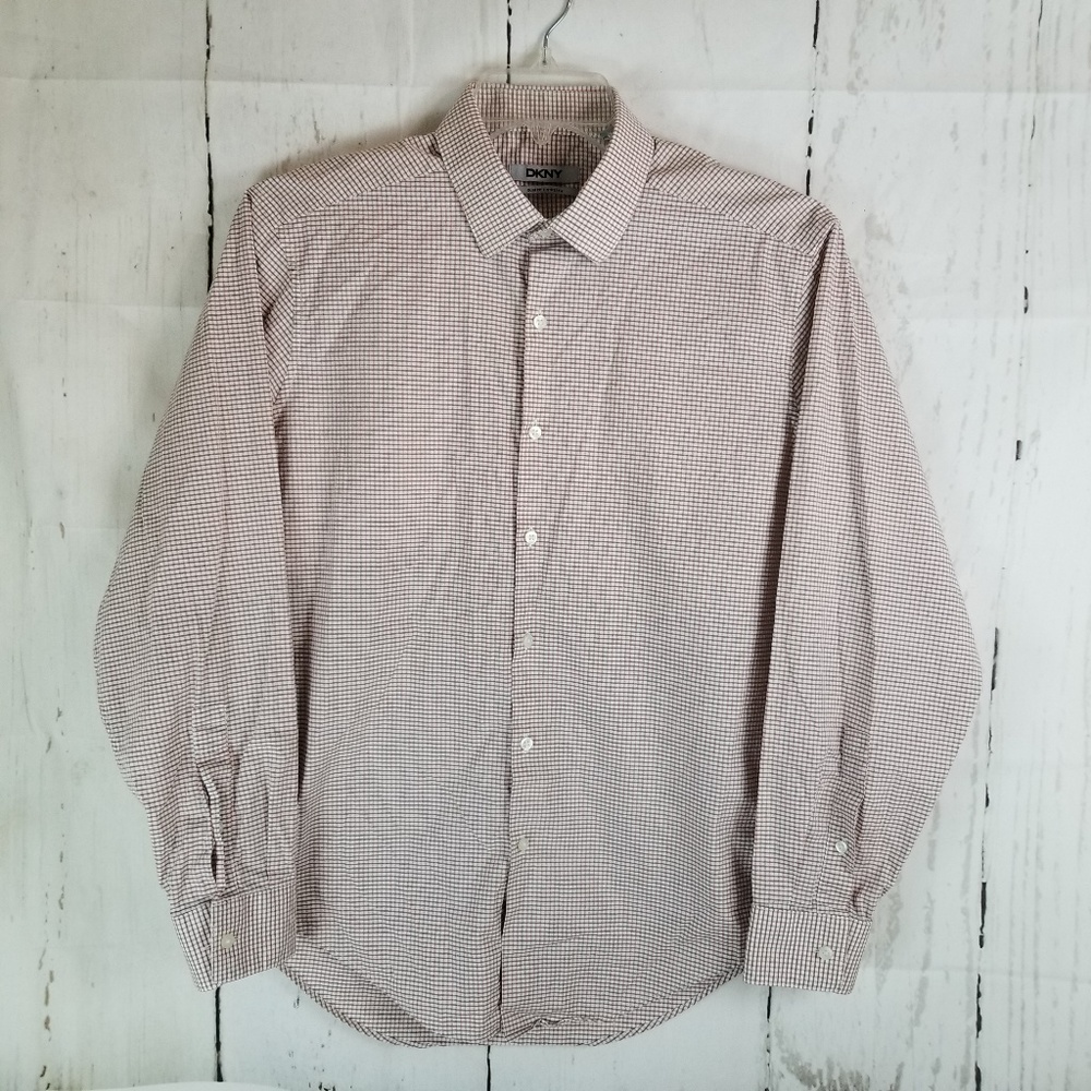 DKNY Button Down Sz 16 Pink Gray Plaid